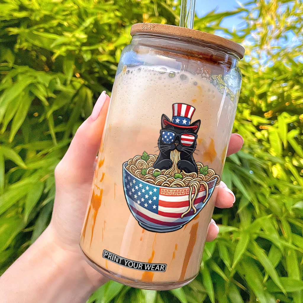 Funny Black Cats Eat Ramen Glass Can American Flag 4th Of July TS12 White Print Your Wear