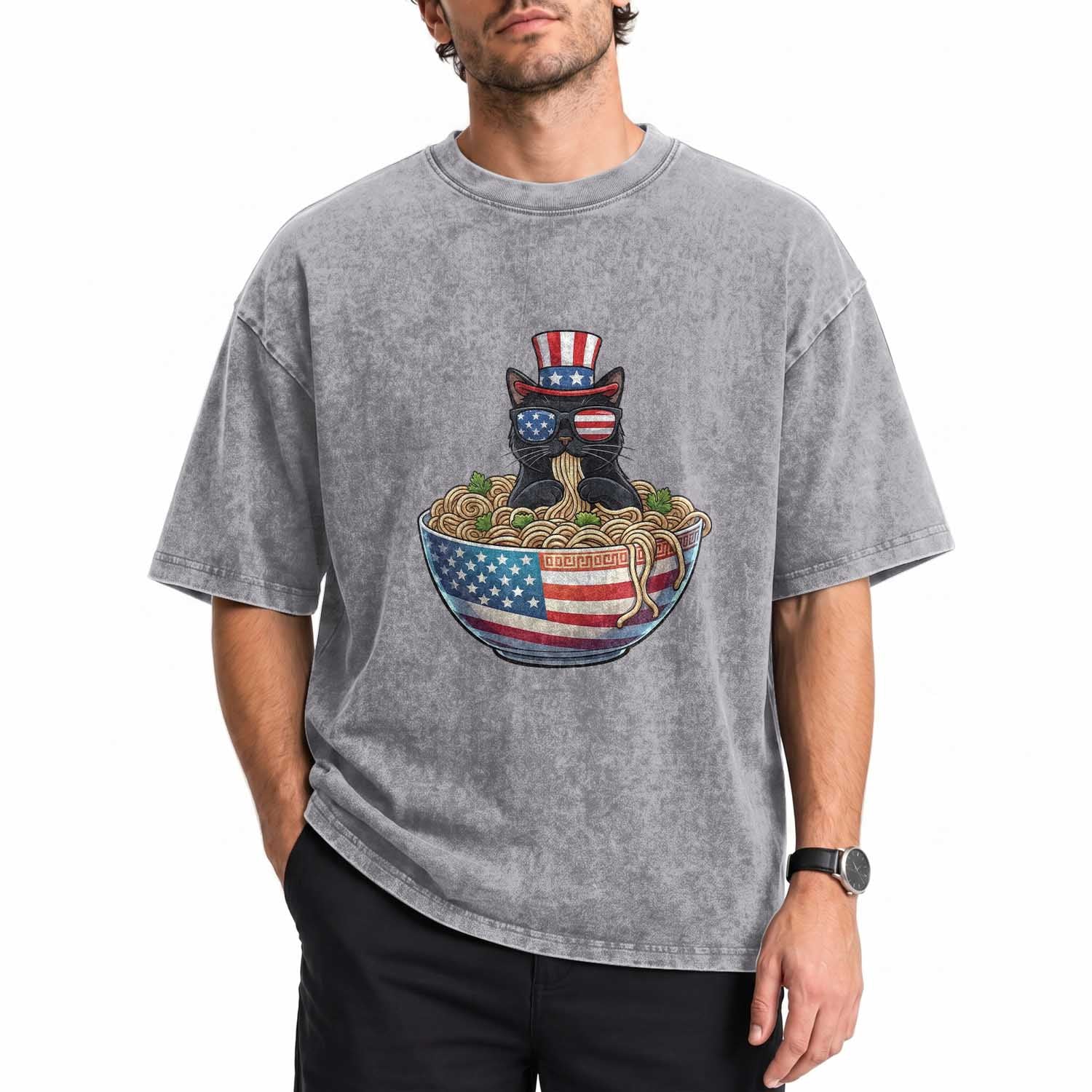 Funny Black Cats Eat Ramen Washed Cotton T-Shirt American Flag 4th Of July
