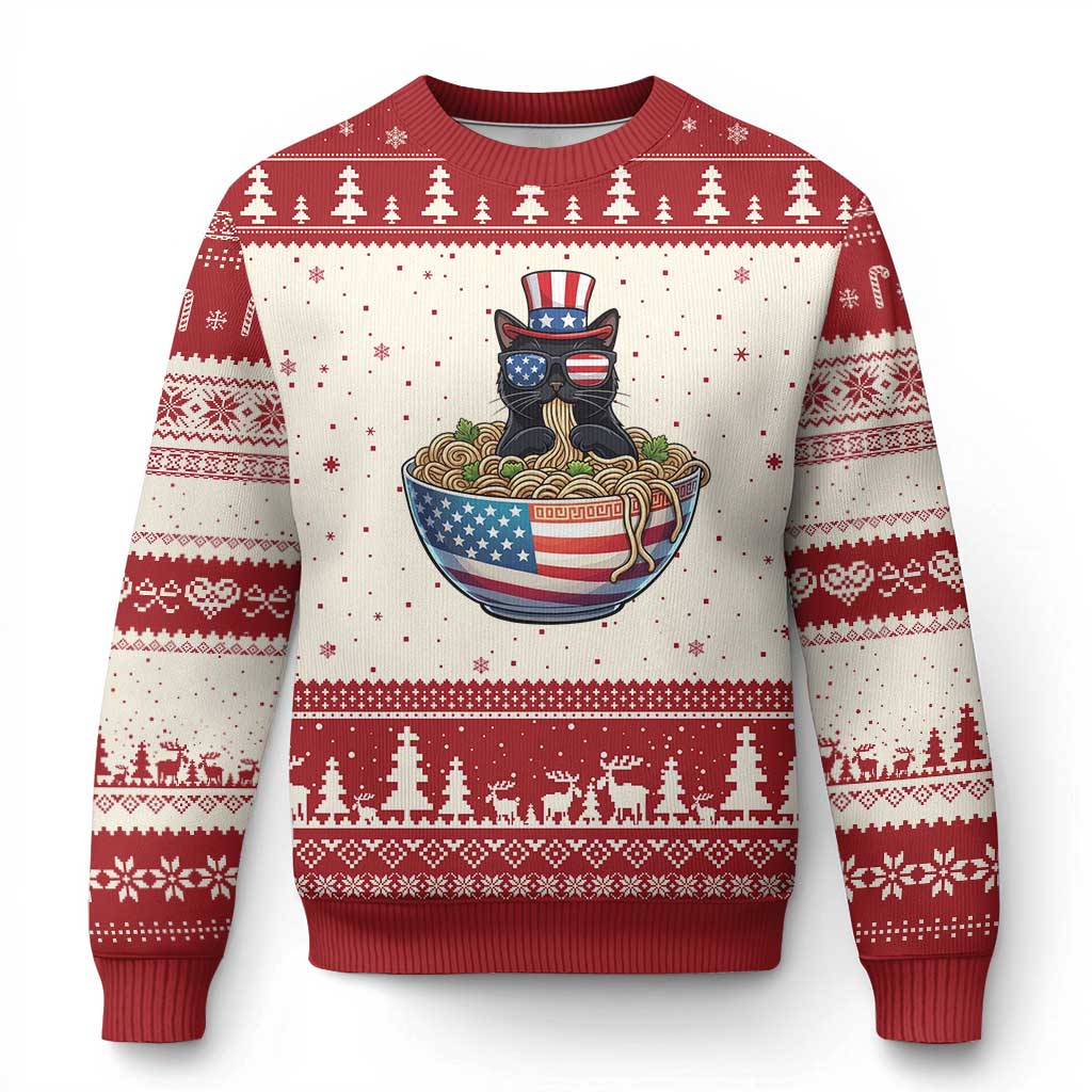 Funny Black Cats Eat Ramen Ugly Christmas Sweater American Flag 4th Of July TS12 Beige Red Print Your Wear