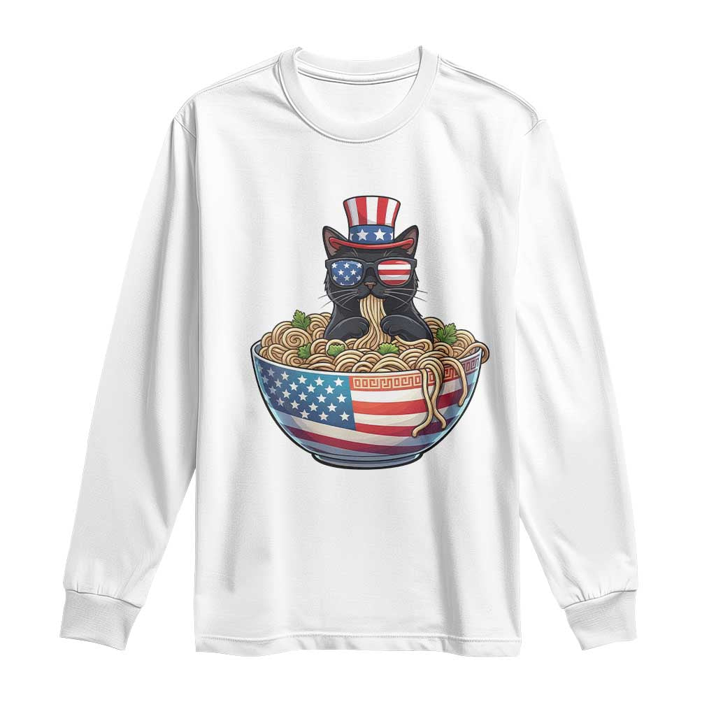 Funny Black Cats Eat Ramen Long Sleeve Shirt American Flag 4th Of July TS12 White Print Your Wear