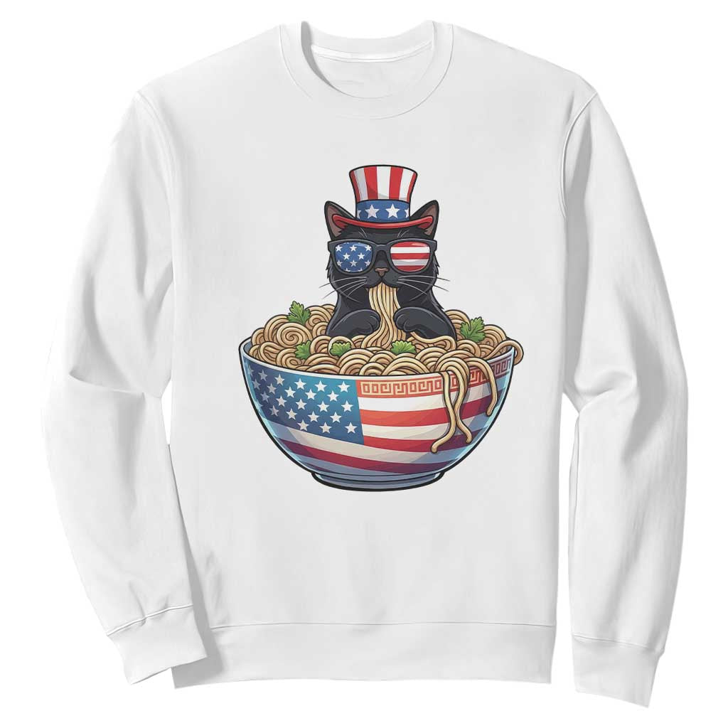 Funny Black Cats Eat Ramen Sweatshirt American Flag 4th Of July TS12 White Print Your Wear