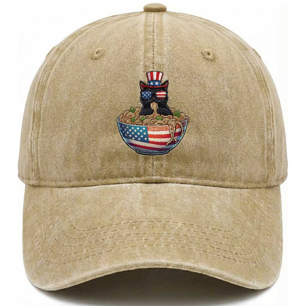 Funny Black Cats Eat Ramen Washed Cotton Baseball Cap American Flag 4th Of July TS12 Print Your Wear
