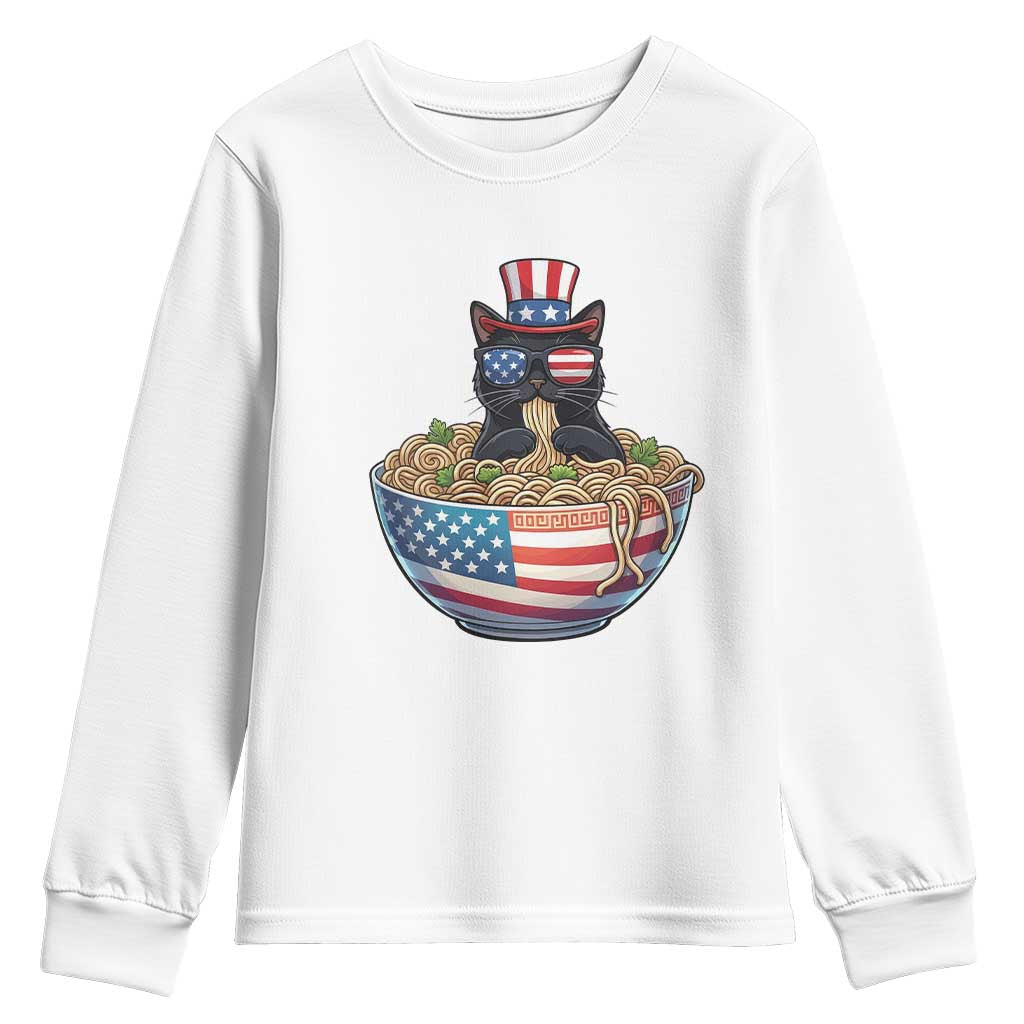 Funny Black Cats Eat Ramen Youth Sweatshirt American Flag 4th Of July TS12 White Print Your Wear