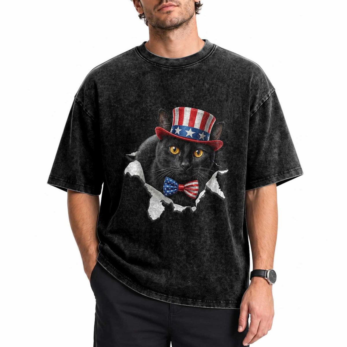 Funny Black Cat With Uncle Sam Hat Washed Cotton T-Shirt Patriotic Pet Lover