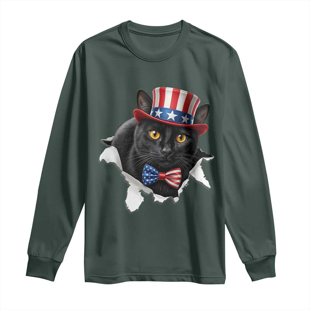 Funny Black Cat With Uncle Sam Hat Long Sleeve Shirt Patriotic Pet Lover TS12 Dark Forest Green Print Your Wear