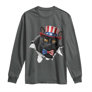 Funny Black Cat With Uncle Sam Hat Long Sleeve Shirt Patriotic Pet Lover TS12 Dark Heather Print Your Wear