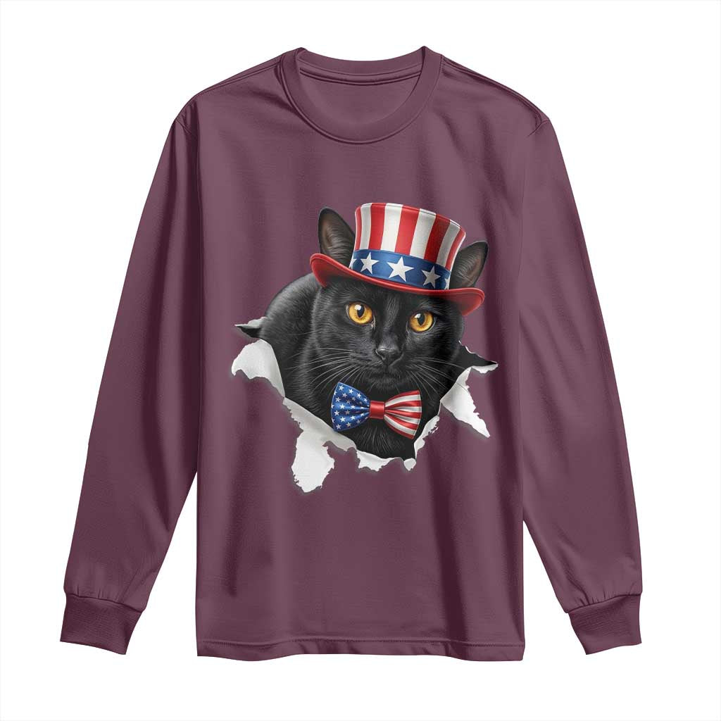 Funny Black Cat With Uncle Sam Hat Long Sleeve Shirt Patriotic Pet Lover TS12 Maroon Print Your Wear
