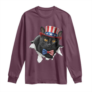 Funny Black Cat With Uncle Sam Hat Long Sleeve Shirt Patriotic Pet Lover TS12 Maroon Print Your Wear