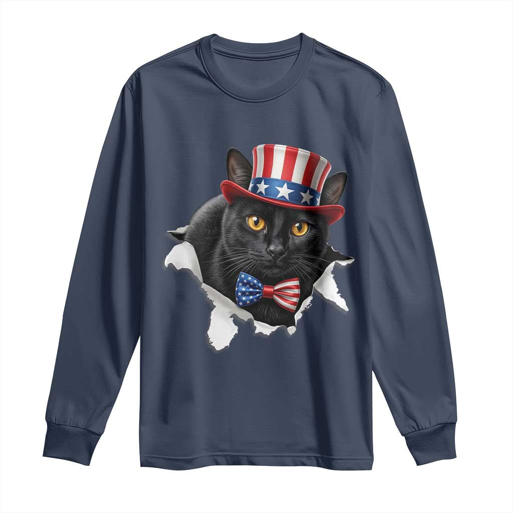 Funny Black Cat With Uncle Sam Hat Long Sleeve Shirt Patriotic Pet Lover TS12 Navy Print Your Wear