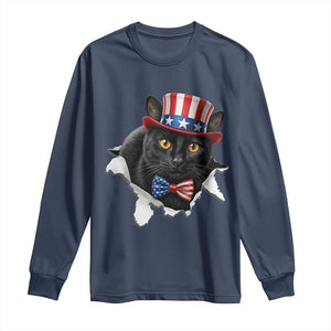 Funny Black Cat With Uncle Sam Hat Long Sleeve Shirt Patriotic Pet Lover TS12 Navy Print Your Wear