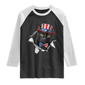 Funny Black Cat With Uncle Sam Hat Raglan Shirt Patriotic Pet Lover TS12 Black White Print Your Wear