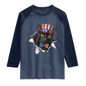 Funny Black Cat With Uncle Sam Hat Raglan Shirt Patriotic Pet Lover TS12 Heather Denim Navy Print Your Wear