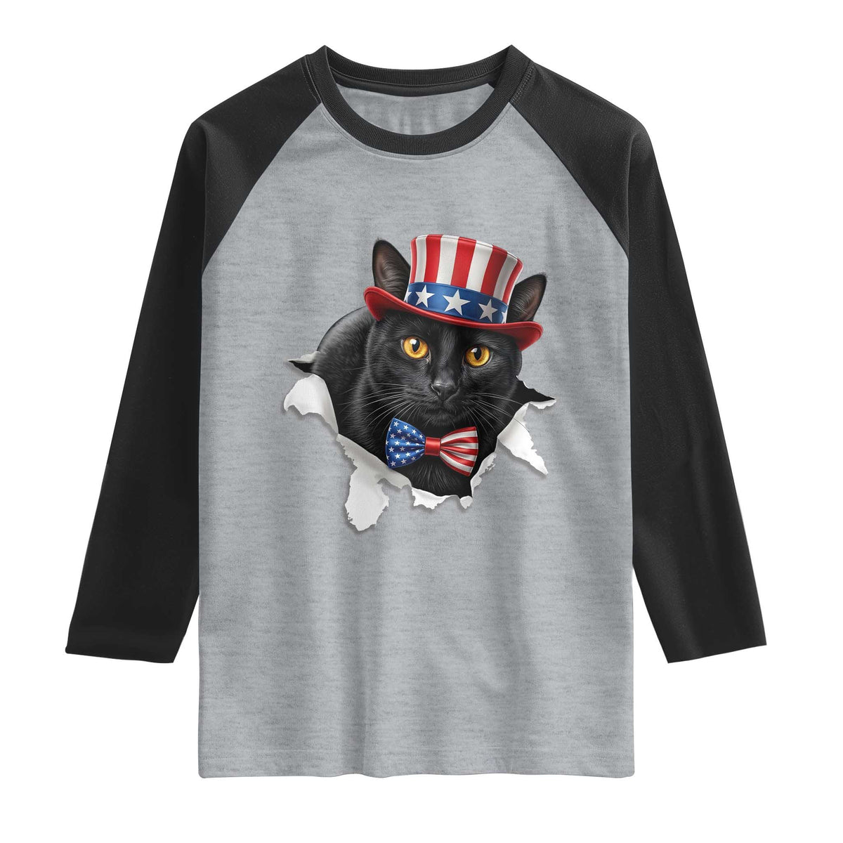 Funny Black Cat With Uncle Sam Hat Raglan Shirt Patriotic Pet Lover TS12 Heather Gray Black Print Your Wear