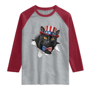 Funny Black Cat With Uncle Sam Hat Raglan Shirt Patriotic Pet Lover TS12 Heather Gray Heather Red Print Your Wear