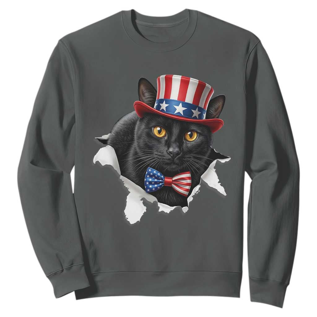 Funny Black Cat With Uncle Sam Hat Sweatshirt Patriotic Pet Lover TS12 Dark Heather Print Your Wear