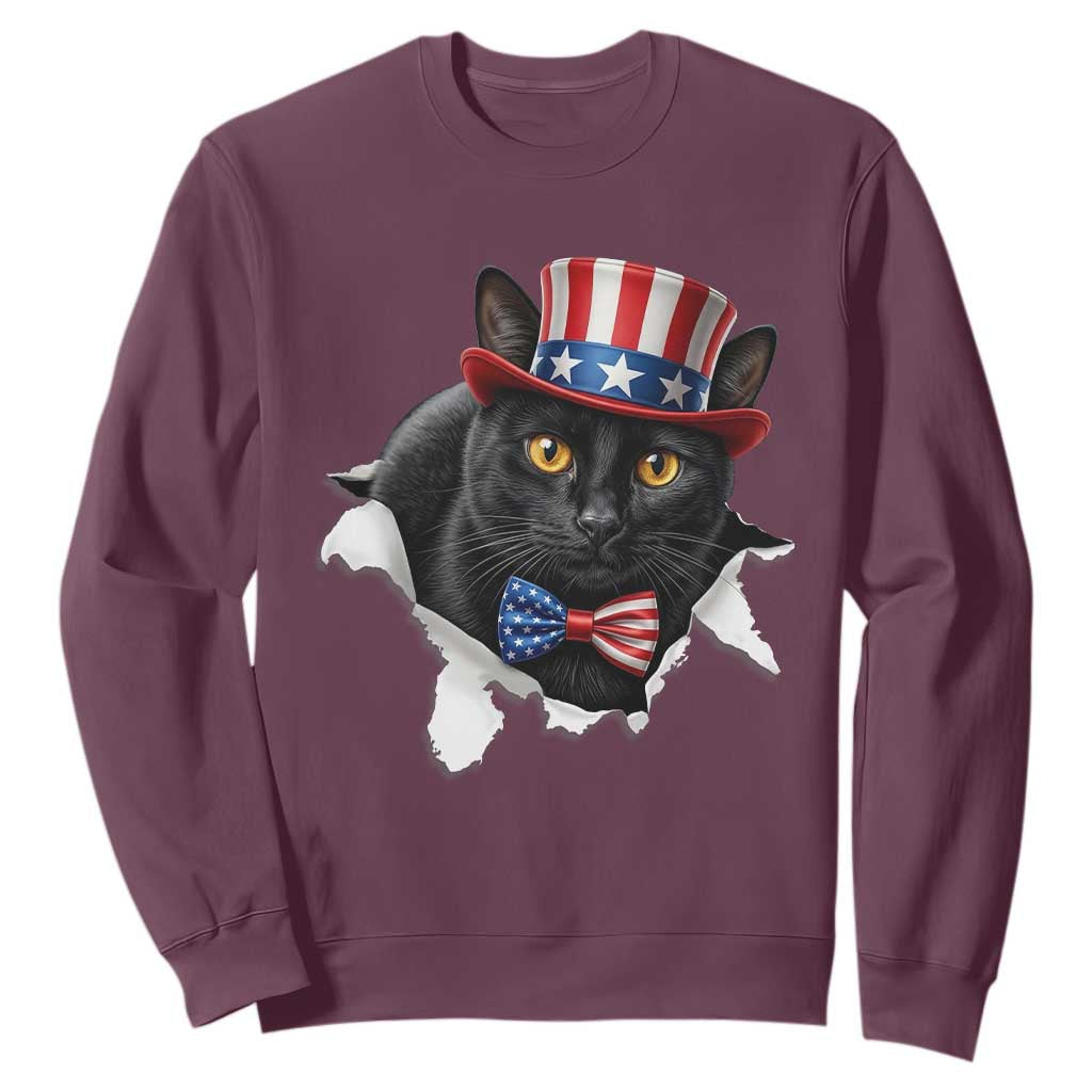 Funny Black Cat With Uncle Sam Hat Sweatshirt Patriotic Pet Lover TS12 Maroon Print Your Wear