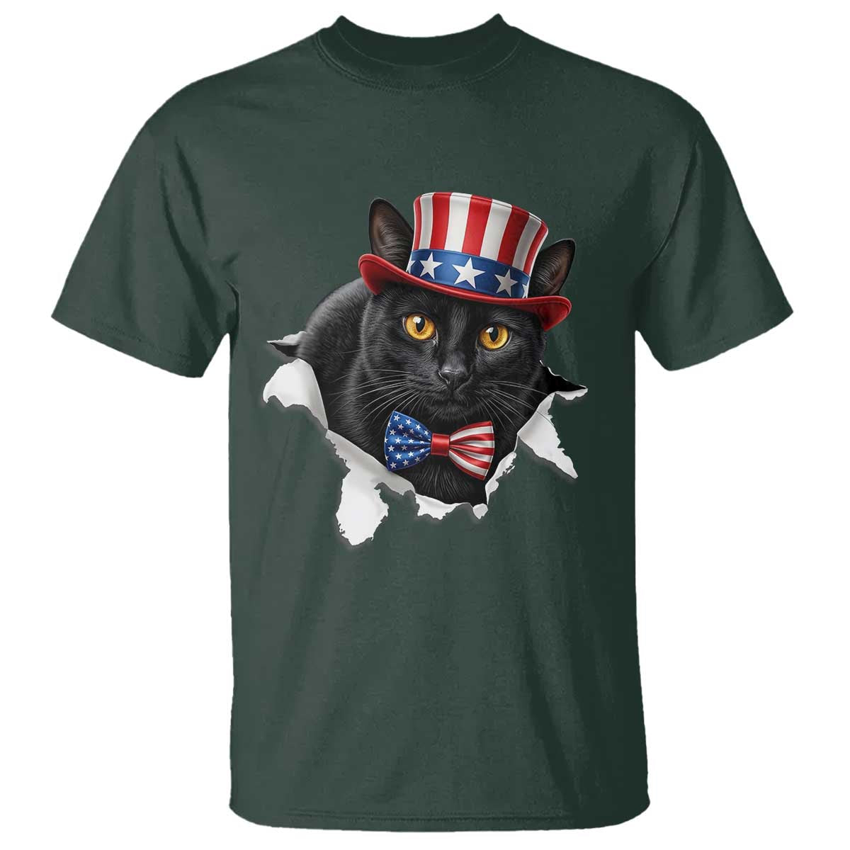 Funny Black Cat With Uncle Sam Hat T Shirt Patriotic Pet Lover TS12 Dark Forest Green Print Your Wear