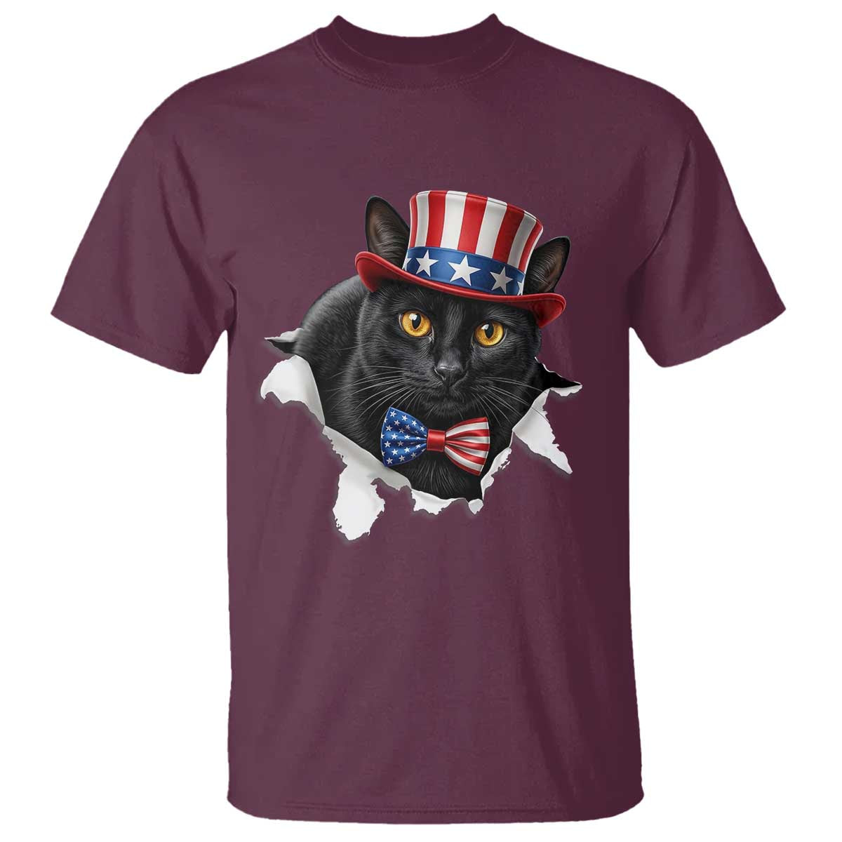 Funny Black Cat With Uncle Sam Hat T Shirt Patriotic Pet Lover TS12 Maroon Print Your Wear