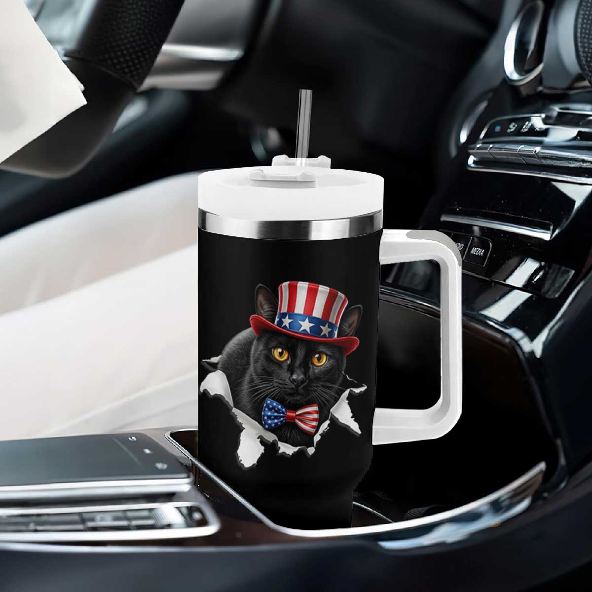 Funny Black Cat With Uncle Sam Hat Tumbler With Handle Patriotic Pet Lover TS12 Print Your Wear