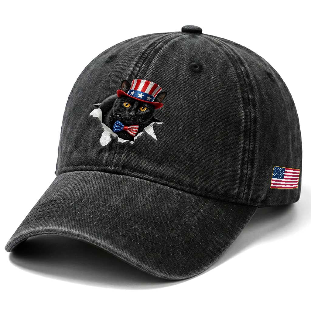 Funny Black Cat With Uncle Sam Hat Washed Cotton Baseball Cap Patriotic Pet Lover TS12 Print Your Wear