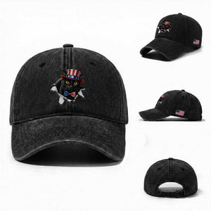 Funny Black Cat With Uncle Sam Hat Washed Cotton Baseball Cap Patriotic Pet Lover TS12 Washed Cap Universal Fit Black Print Your Wear