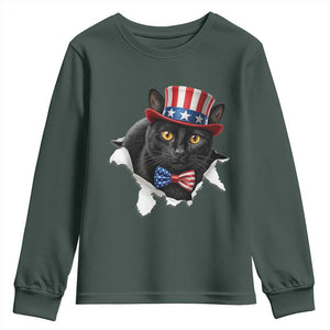 Funny Black Cat With Uncle Sam Hat Youth Sweatshirt Patriotic Pet Lover TS12 Dark Forest Green Print Your Wear