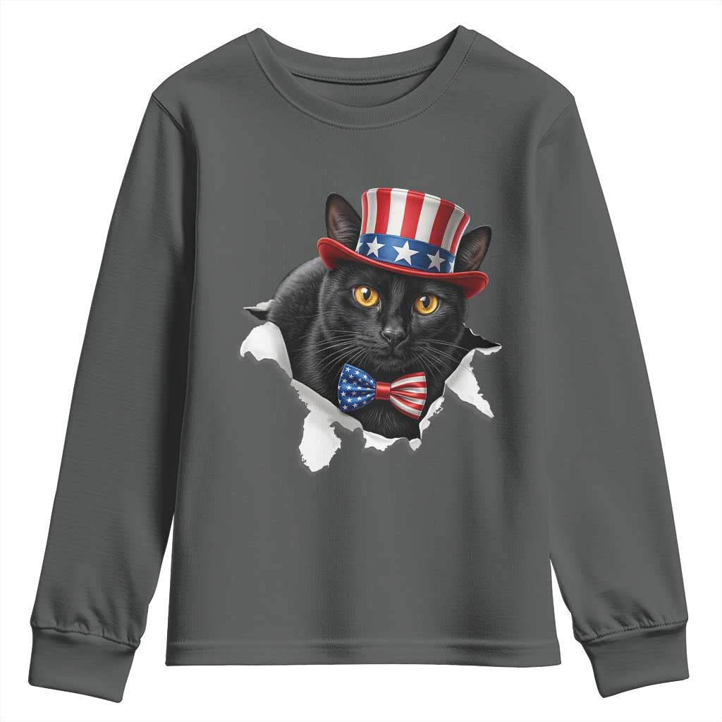 Funny Black Cat With Uncle Sam Hat Youth Sweatshirt Patriotic Pet Lover TS12 Dark Heather Print Your Wear