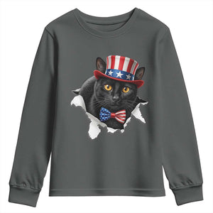 Funny Black Cat With Uncle Sam Hat Youth Sweatshirt Patriotic Pet Lover TS12 Dark Heather Print Your Wear
