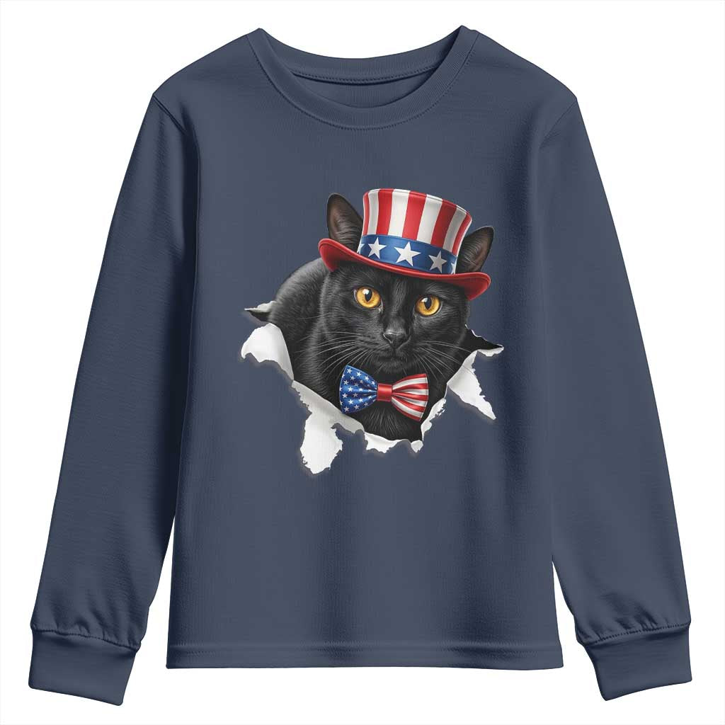Funny Black Cat With Uncle Sam Hat Youth Sweatshirt Patriotic Pet Lover TS12 Navy Print Your Wear