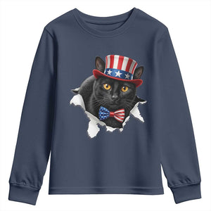 Funny Black Cat With Uncle Sam Hat Youth Sweatshirt Patriotic Pet Lover TS12 Navy Print Your Wear