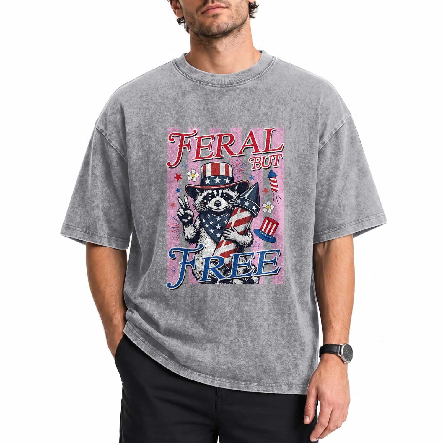 Funny Fourth Of July Raccoon Washed Cotton T-Shirt Feral But Free