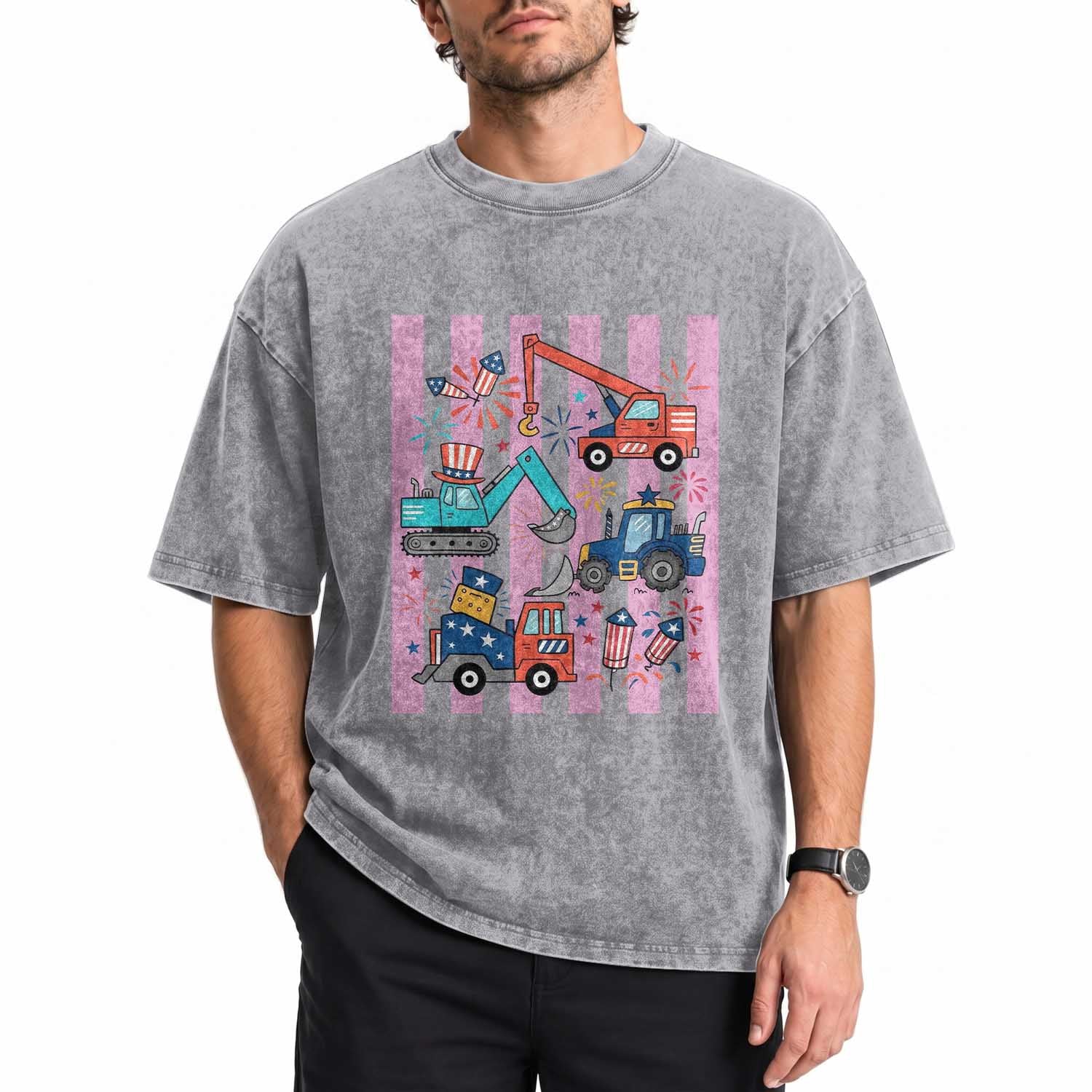 Red White And Blue Construction Crew Washed Cotton T-Shirt Patriotic Kids 4th Of July