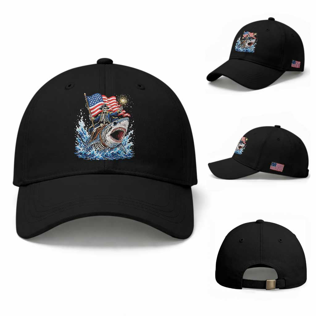 Patriotic Skeleton Pirate Riding Shark Baseball Cap American Ocean Pride TS12 Baseball Cap Universal Fit Black Print Your Wear