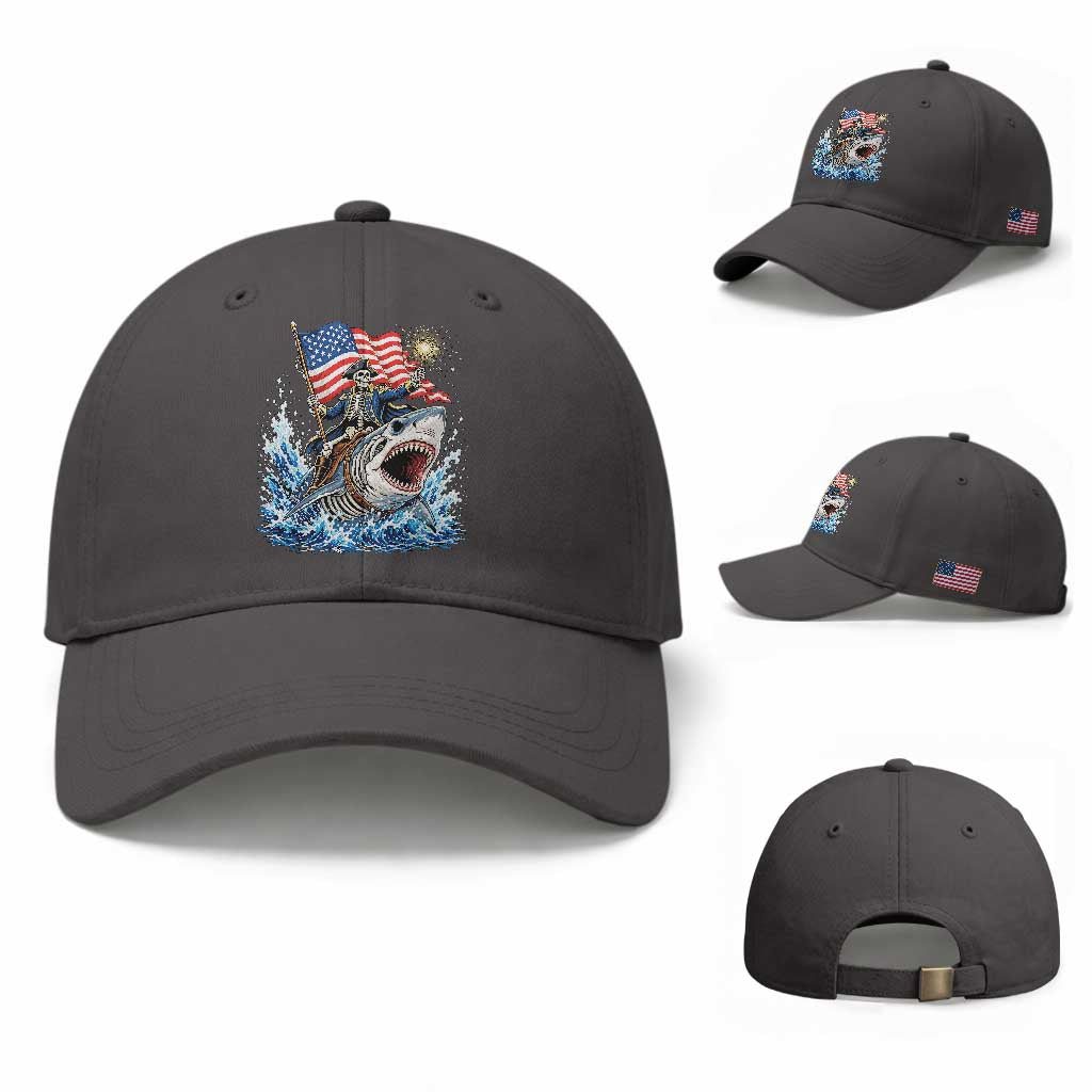 Patriotic Skeleton Pirate Riding Shark Baseball Cap American Ocean Pride TS12 Baseball Cap Universal Fit Dark Gray Print Your Wear