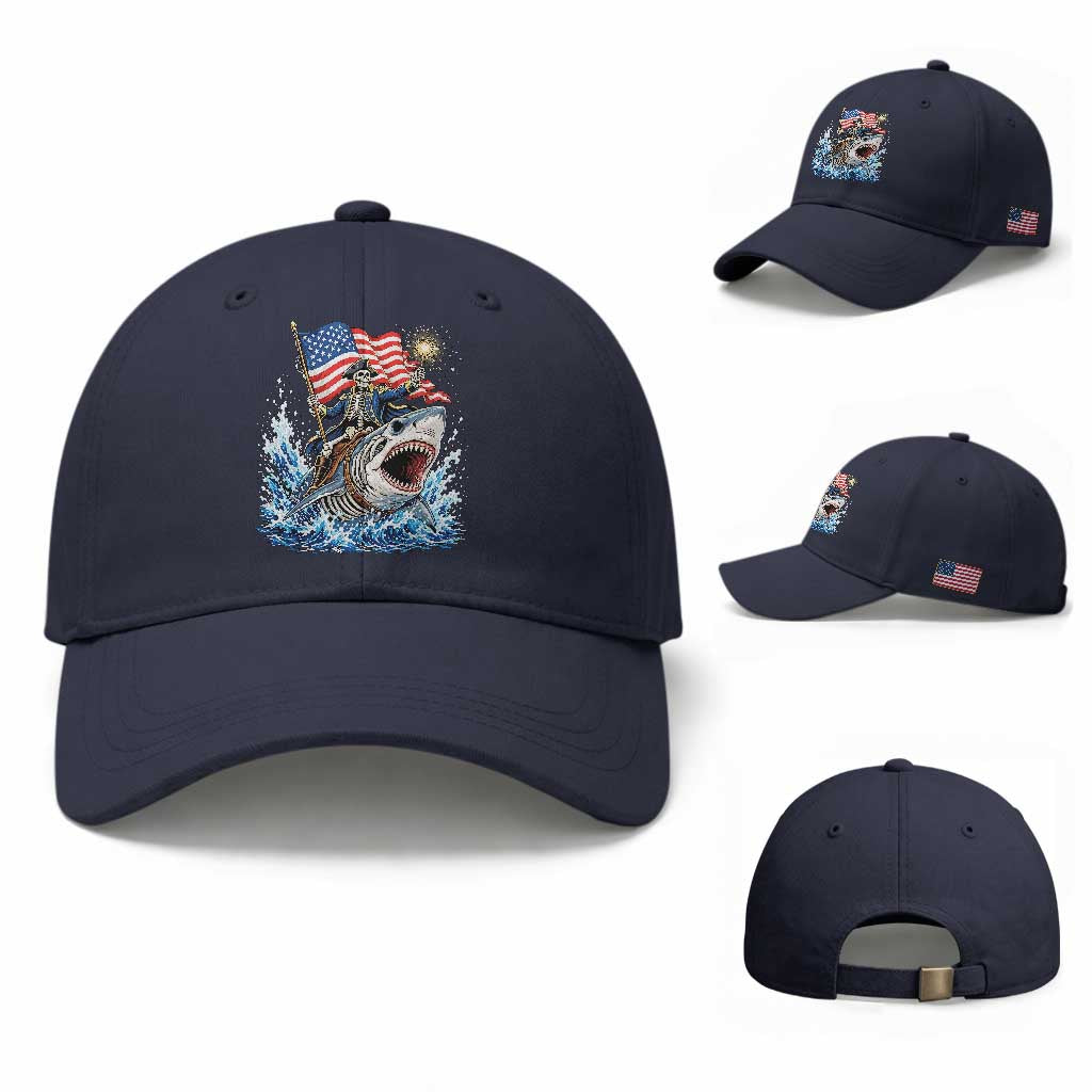 Patriotic Skeleton Pirate Riding Shark Baseball Cap American Ocean Pride TS12 Baseball Cap Universal Fit Navy Print Your Wear
