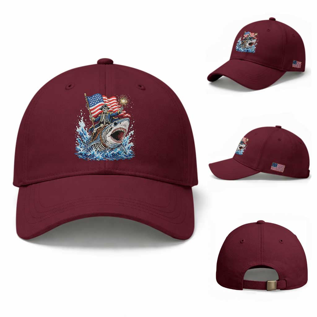 Patriotic Skeleton Pirate Riding Shark Baseball Cap American Ocean Pride TS12 Baseball Cap Universal Fit Maroon Print Your Wear