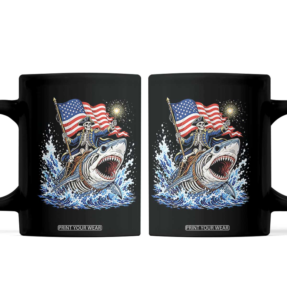 Patriotic Skeleton Pirate Riding Shark Coffee Mug American Ocean Pride TS12 Black Print Your Wear