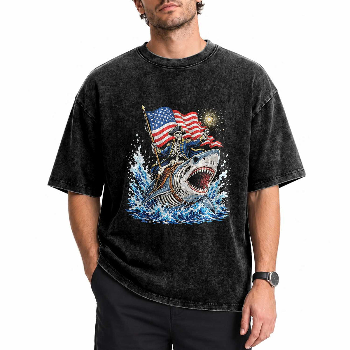 Patriotic Skeleton Pirate Riding Shark Washed Cotton T-Shirt American Ocean Pride