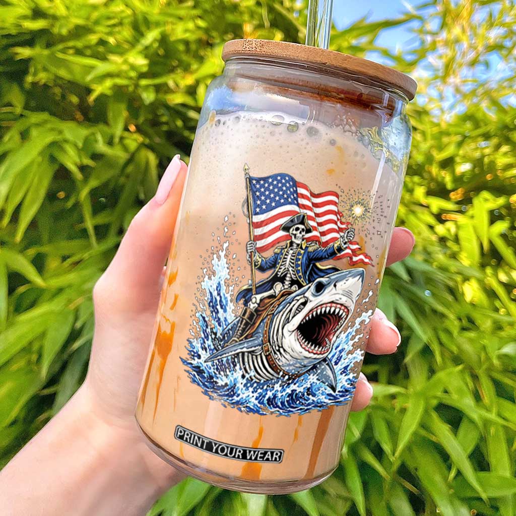 Patriotic Skeleton Pirate Riding Shark Glass Can American Ocean Pride TS12 Black Print Your Wear