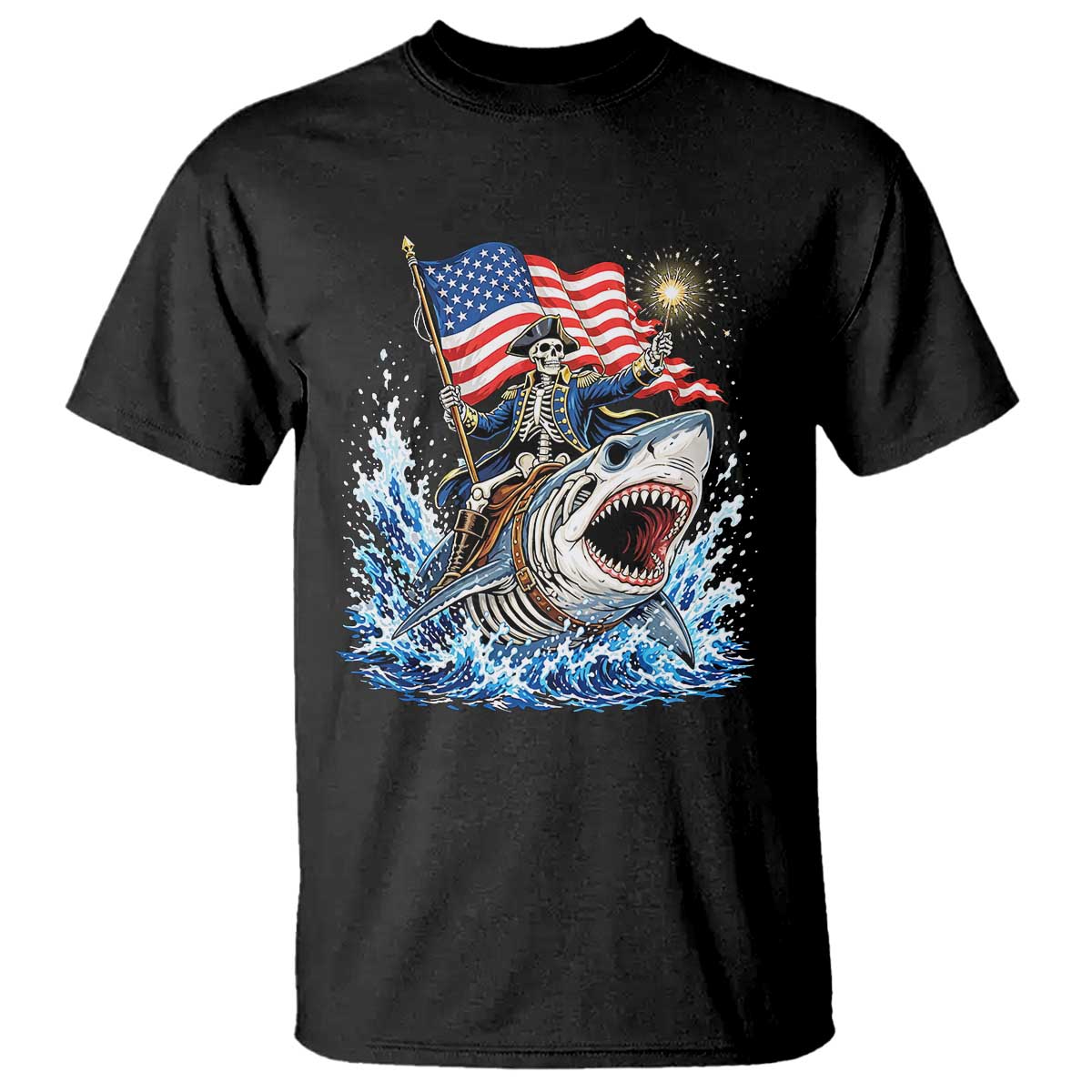 Patriotic Skeleton Pirate Riding Shark T Shirt American Ocean Pride TS12 Black Print Your Wear