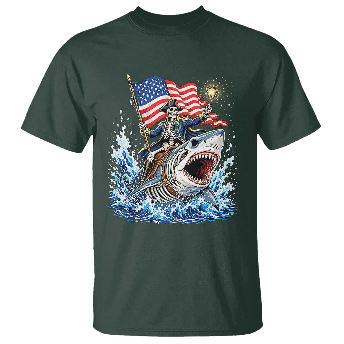 Patriotic Skeleton Pirate Riding Shark T Shirt American Ocean Pride TS12 Dark Forest Green Print Your Wear