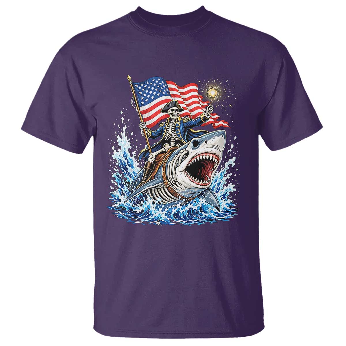 Patriotic Skeleton Pirate Riding Shark T Shirt American Ocean Pride TS12 Purple Print Your Wear