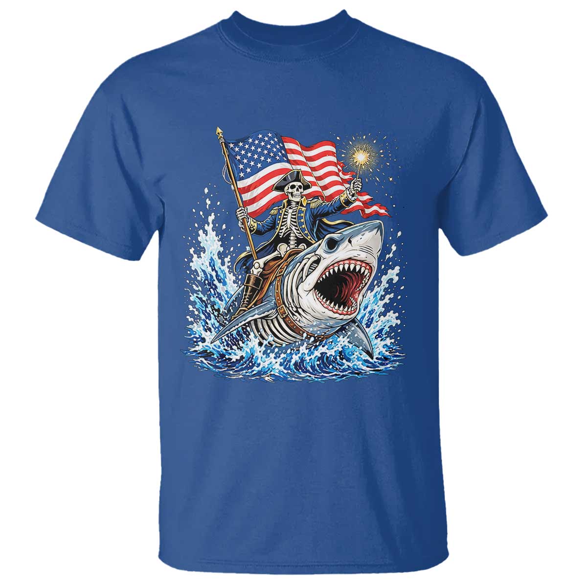 Patriotic Skeleton Pirate Riding Shark T Shirt American Ocean Pride TS12 Royal Blue Print Your Wear