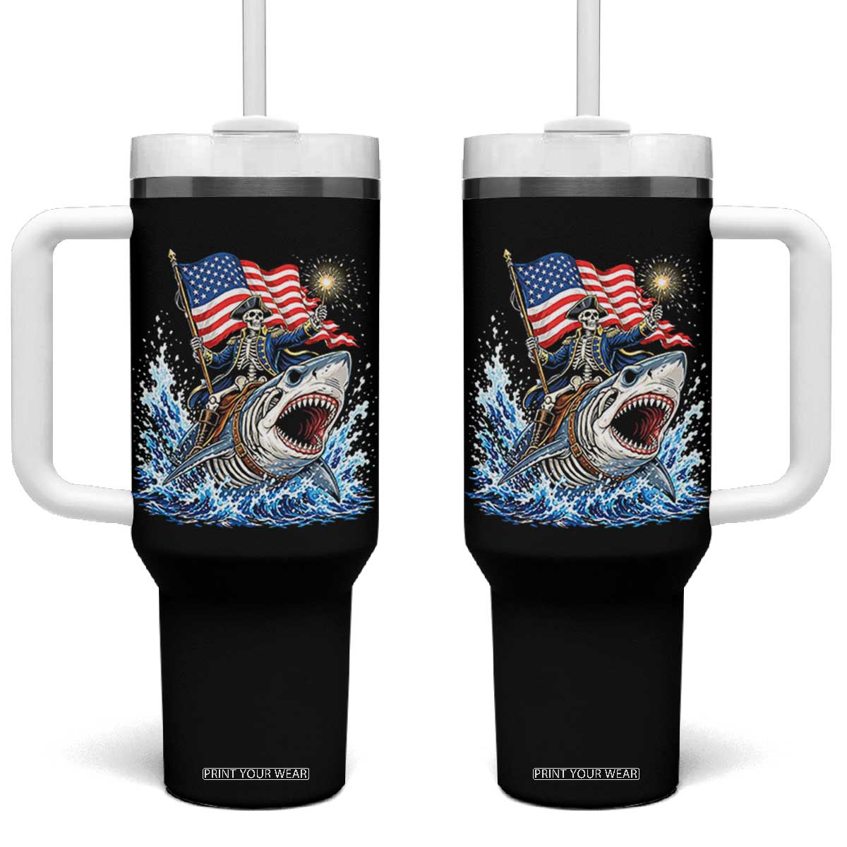 Patriotic Skeleton Pirate Riding Shark Tumbler With Handle American Ocean Pride TS12 One Size: 40 oz Black Print Your Wear