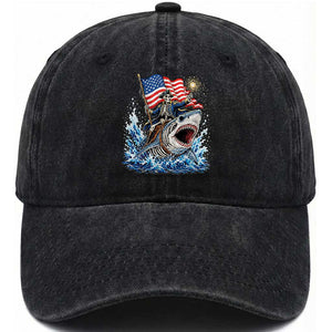 Patriotic Skeleton Pirate Riding Shark Washed Cotton Baseball Cap American Ocean Pride TS12 Print Your Wear