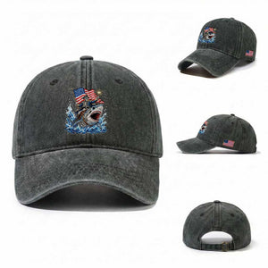 Patriotic Skeleton Pirate Riding Shark Washed Cotton Baseball Cap American Ocean Pride TS12 Washed Cap Universal Fit Dark Green Print Your Wear
