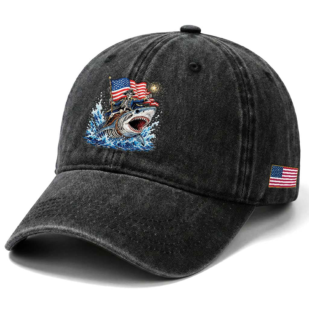 Patriotic Skeleton Pirate Riding Shark Washed Cotton Baseball Cap American Ocean Pride TS12 Print Your Wear