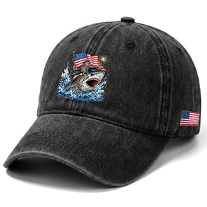Patriotic Skeleton Pirate Riding Shark Washed Cotton Baseball Cap American Ocean Pride TS12 Print Your Wear