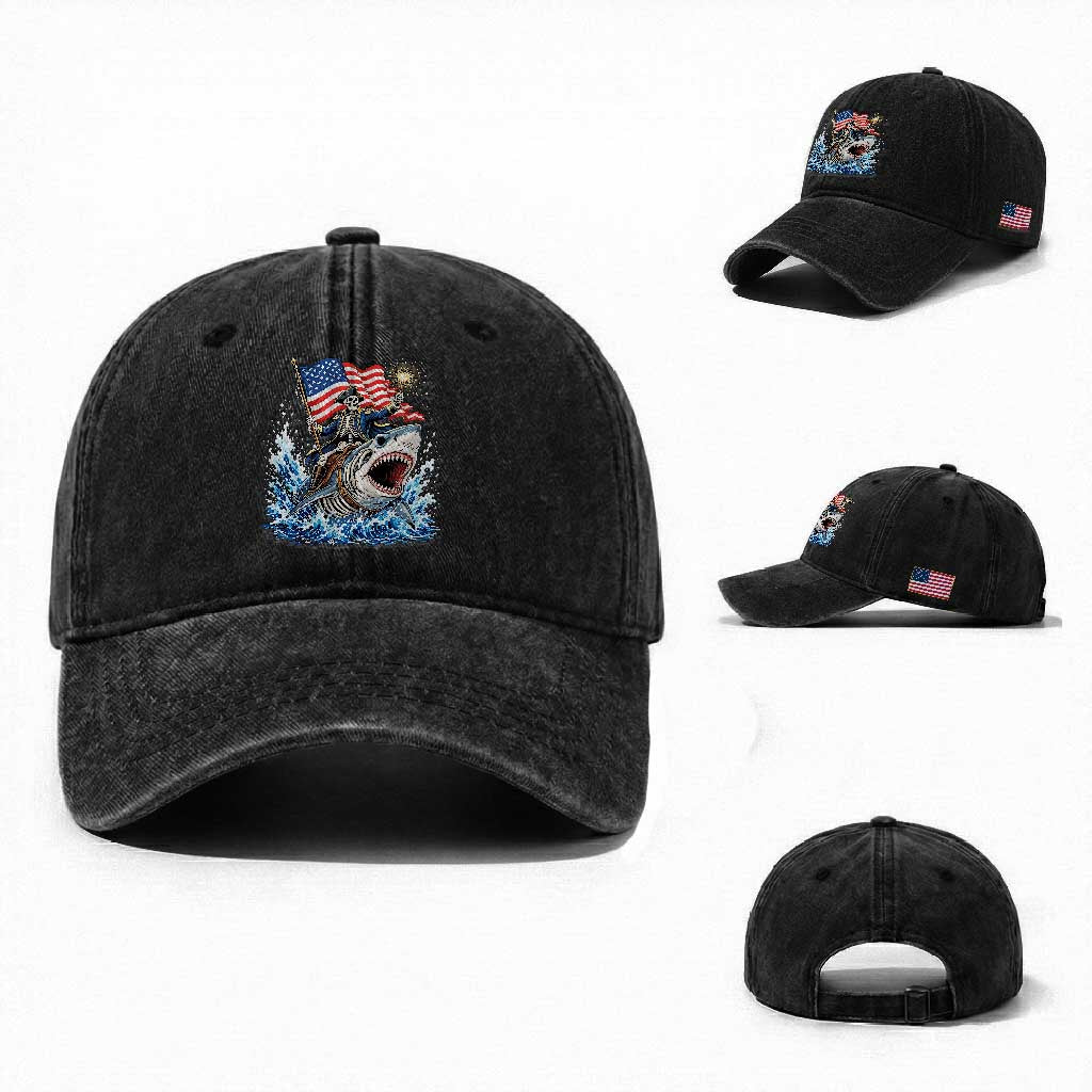 Patriotic Skeleton Pirate Riding Shark Washed Cotton Baseball Cap American Ocean Pride TS12 Washed Cap Universal Fit Black Print Your Wear