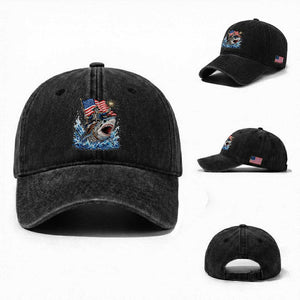 Patriotic Skeleton Pirate Riding Shark Washed Cotton Baseball Cap American Ocean Pride TS12 Washed Cap Universal Fit Black Print Your Wear